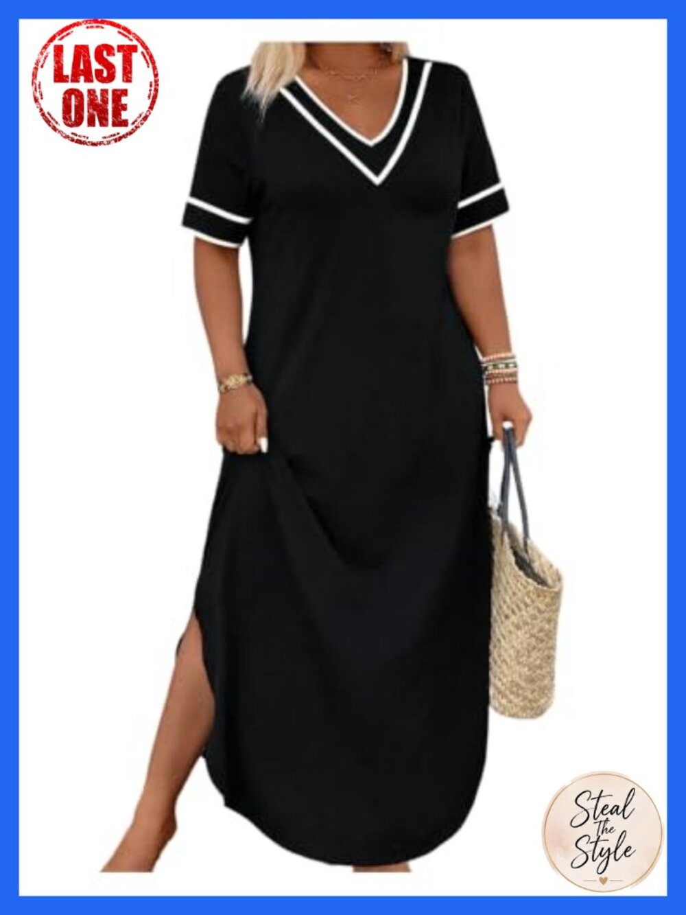 Plus Size Striped Short Sleeve V Neck Maxi T Shirt Dress Side Slit